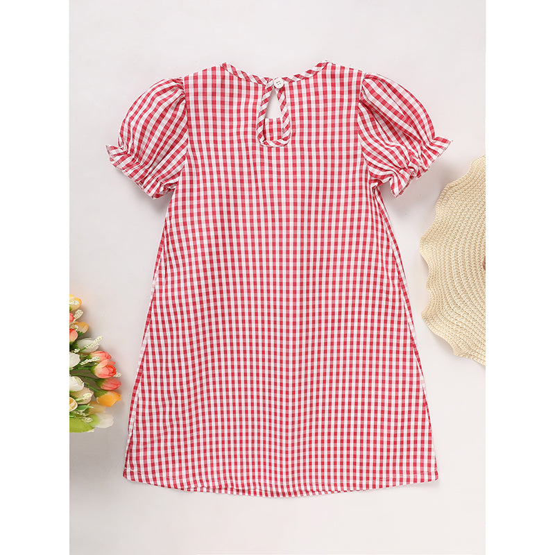CJ Toddler Kids Girls Back To School Dress Smocked Collar Puff Sleeve Plaid Embroidered Print Dress