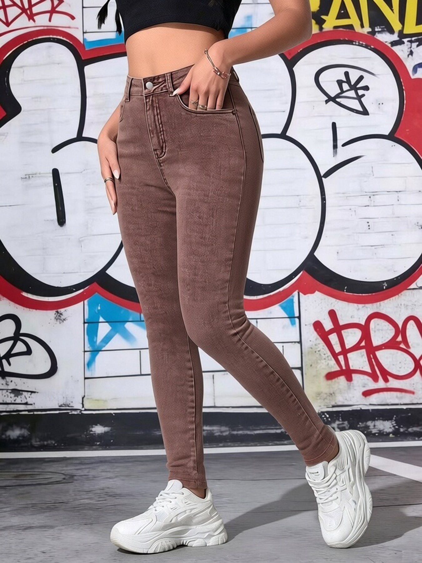 Women's Brown High Waist Skinny Jeans Stretchy