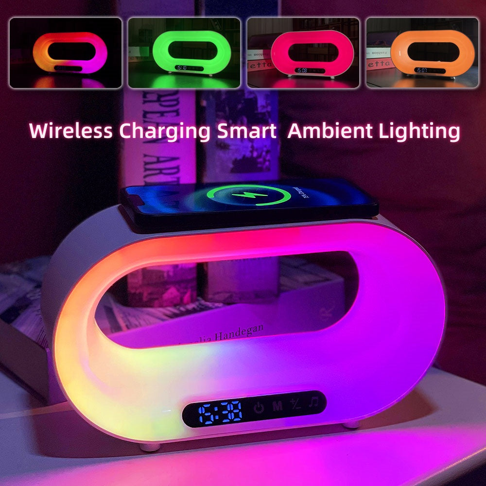 CJ Multi-function 3 In 1 LED Night Light APP Control RGB Atmosphere Desk Lamp Smart Multifunctional Wireless Charger Alarm Clock