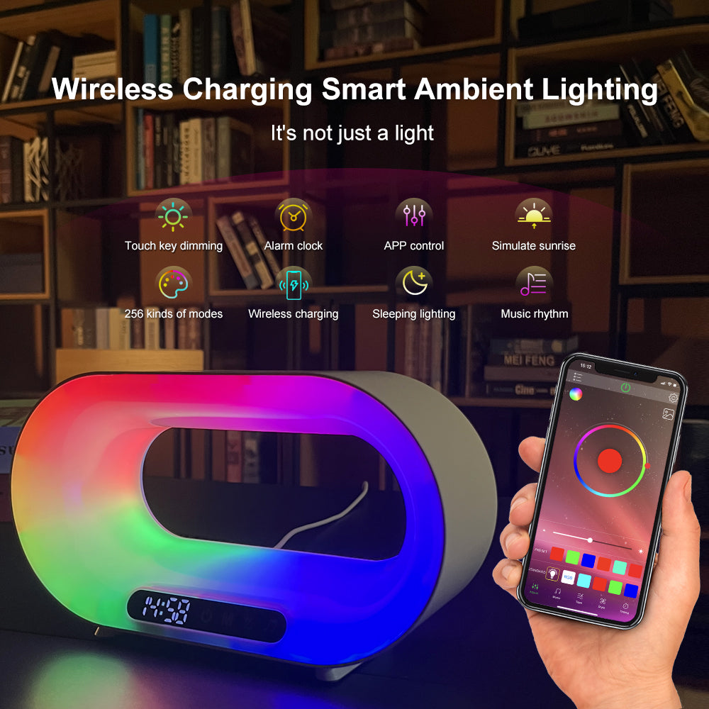 CJ Multi-function 3 In 1 LED Night Light APP Control RGB Atmosphere Desk Lamp Smart Multifunctional Wireless Charger Alarm Clock