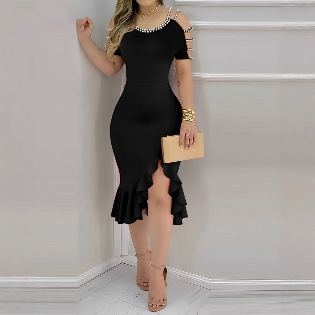 CJ  Womens Ruffled-Edge Slit Dress With Pearl Embellishments