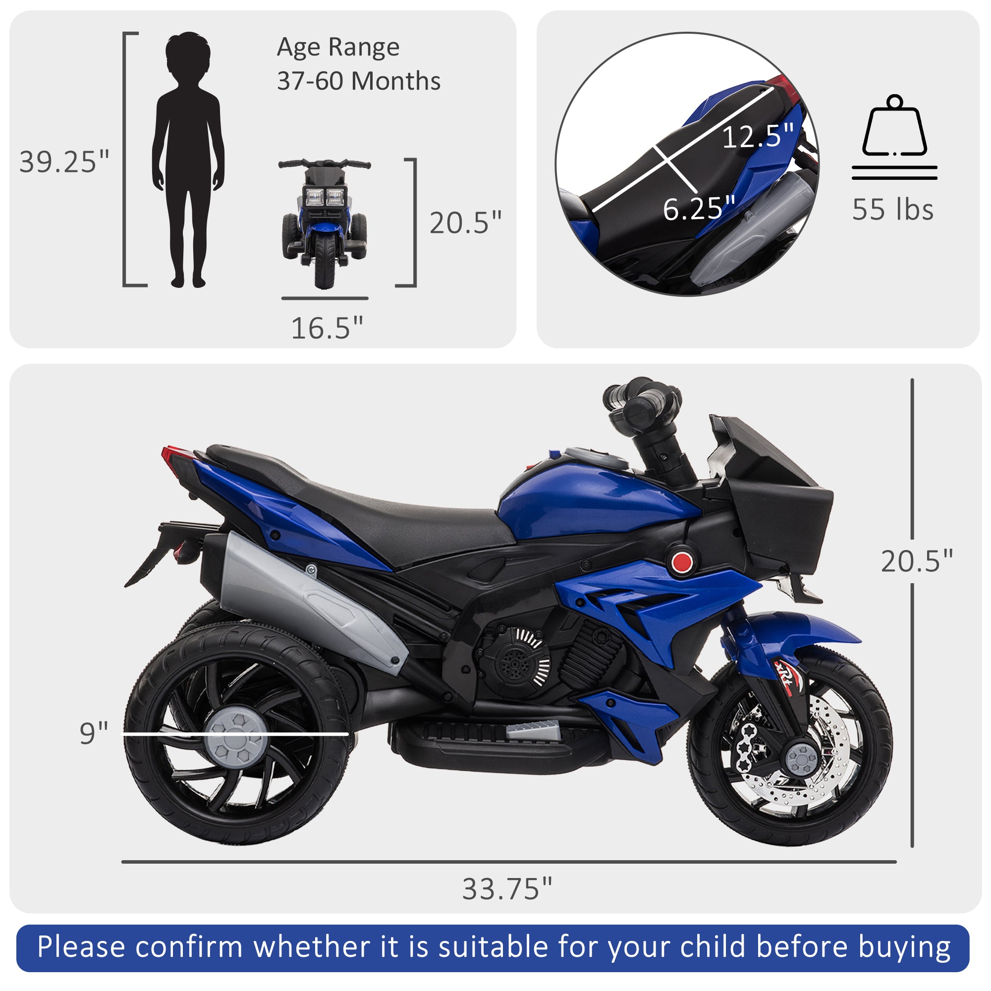 CJ Electric Motorbike For Kids 6V Ride-On Motorcycle Toy With Music Horn Headlights Blue