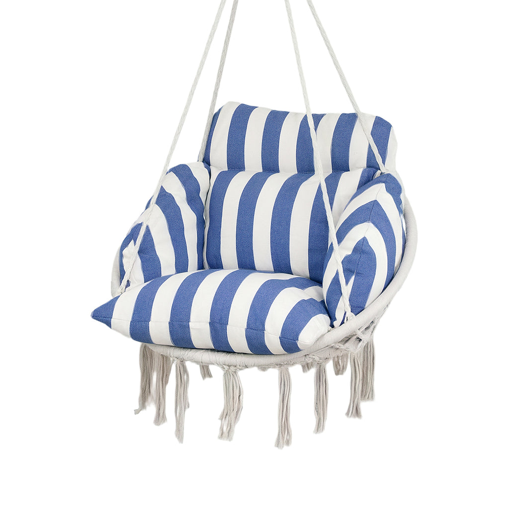 Hammock Swing Chair, Hanging Chair With Large Cushion, Chain, Steel Frame For Indoor Outdoor Use, Blue And White