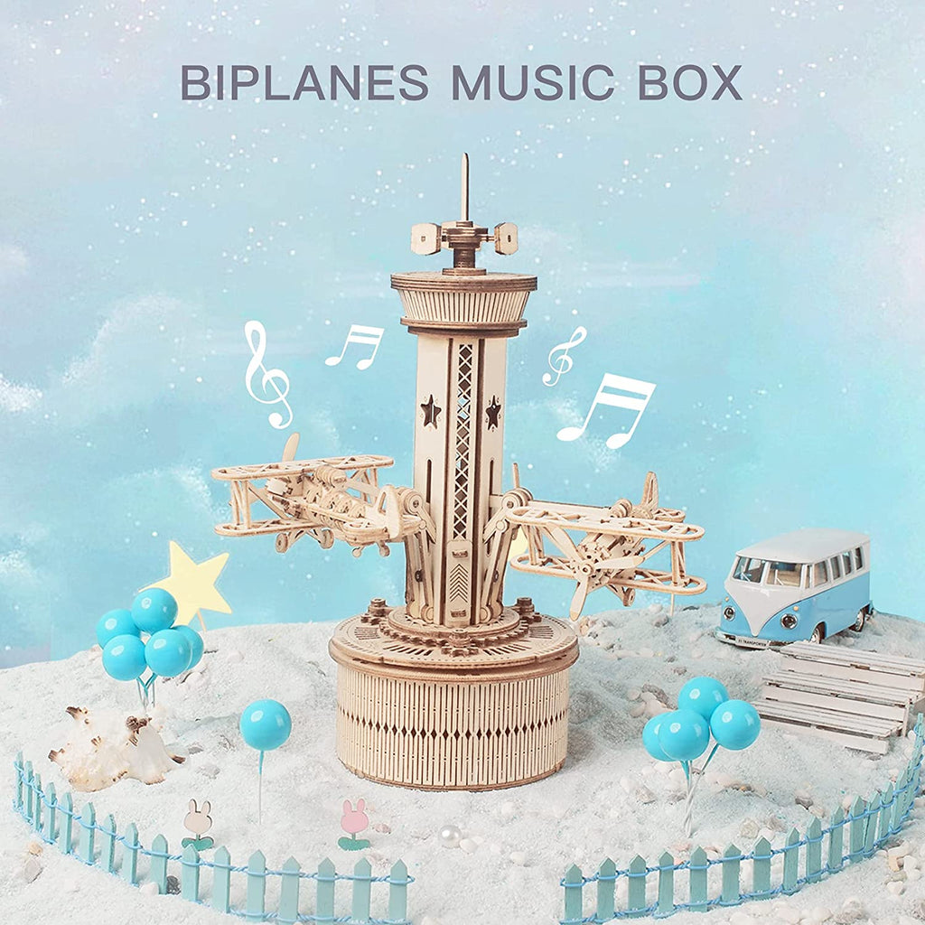 CJ Robotime Rokr 3D Wooden Puzzles For Adults DIY Musical Box Model Kit To Build Self-Assembly Building Kit Airplane- Control Tower