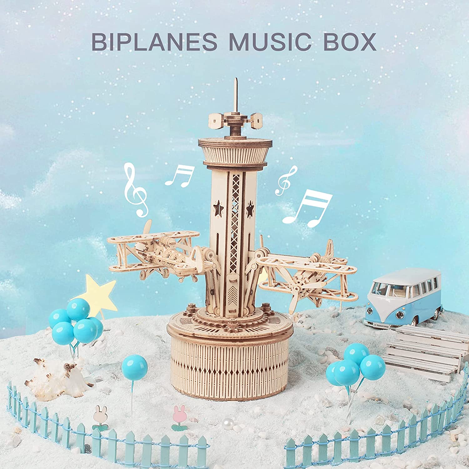 CJ Robotime Rokr 3D Wooden Puzzles For Adults DIY Musical Box Model Kit To Build Self-Assembly Building Kit Airplane- Control Tower