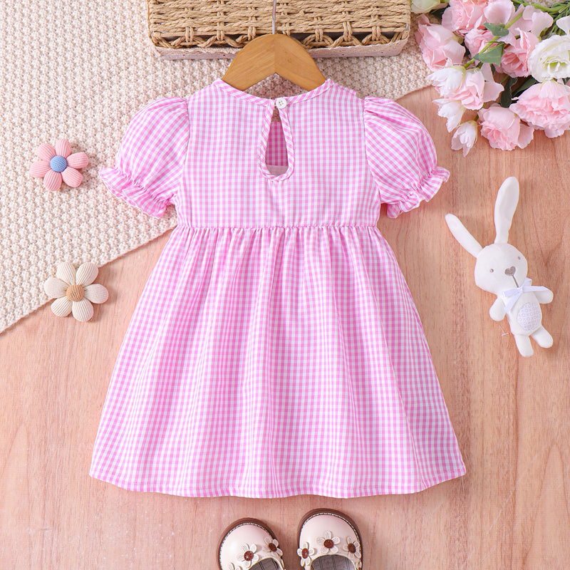 CJ Toddler Girl's Lapel Bubble Sleeve Dress, Checkered Pattern & Bunny Embroidery A-Line Summer Dress
