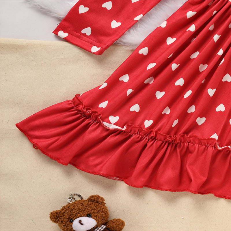 CJ Toddler Girl's Cute 'LOVE' Embroidered Dress, Heart Print Long Sleeve A-Line Dress With Ruffle Hem