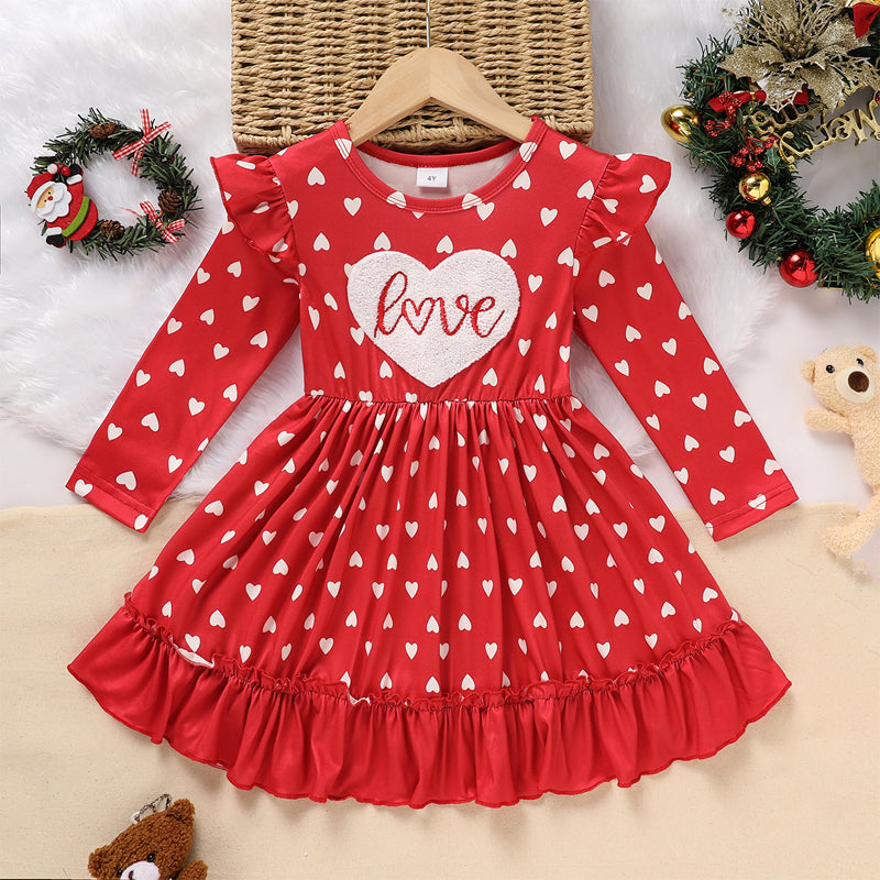 CJ Toddler Girl's Cute 'LOVE' Embroidered Dress, Heart Print Long Sleeve A-Line Dress With Ruffle Hem