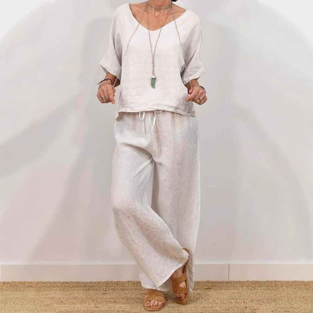 CJ  Womens Multi-Color Two-Piece Set Casual V-Neck Pullover With Three-Quarter Sleeves And Extended Pants