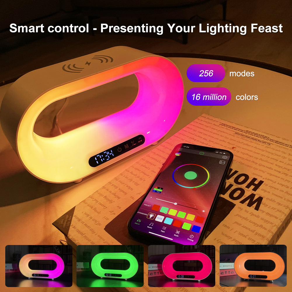 CJ Multi-function 3 In 1 LED Night Light APP Control RGB Atmosphere Desk Lamp Smart Multifunctional Wireless Charger Alarm Clock