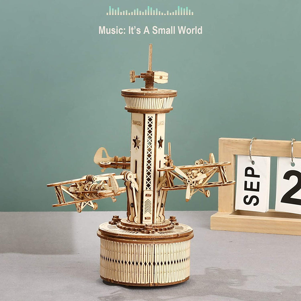 CJ Robotime Rokr 3D Wooden Puzzles For Adults DIY Musical Box Model Kit To Build Self-Assembly Building Kit Airplane- Control Tower