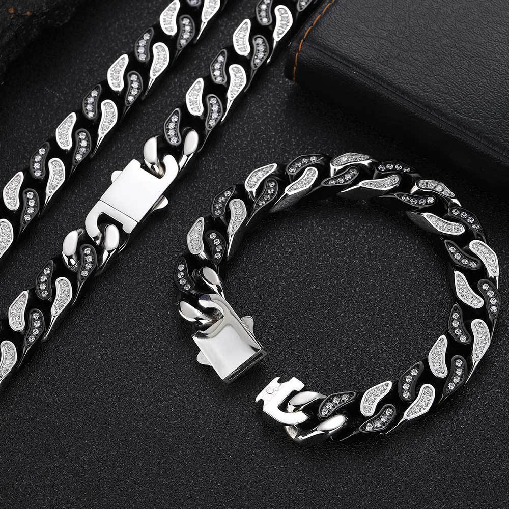 CJ Full-Zircon Cuban Chain Titanium Steel Mens Bracelet