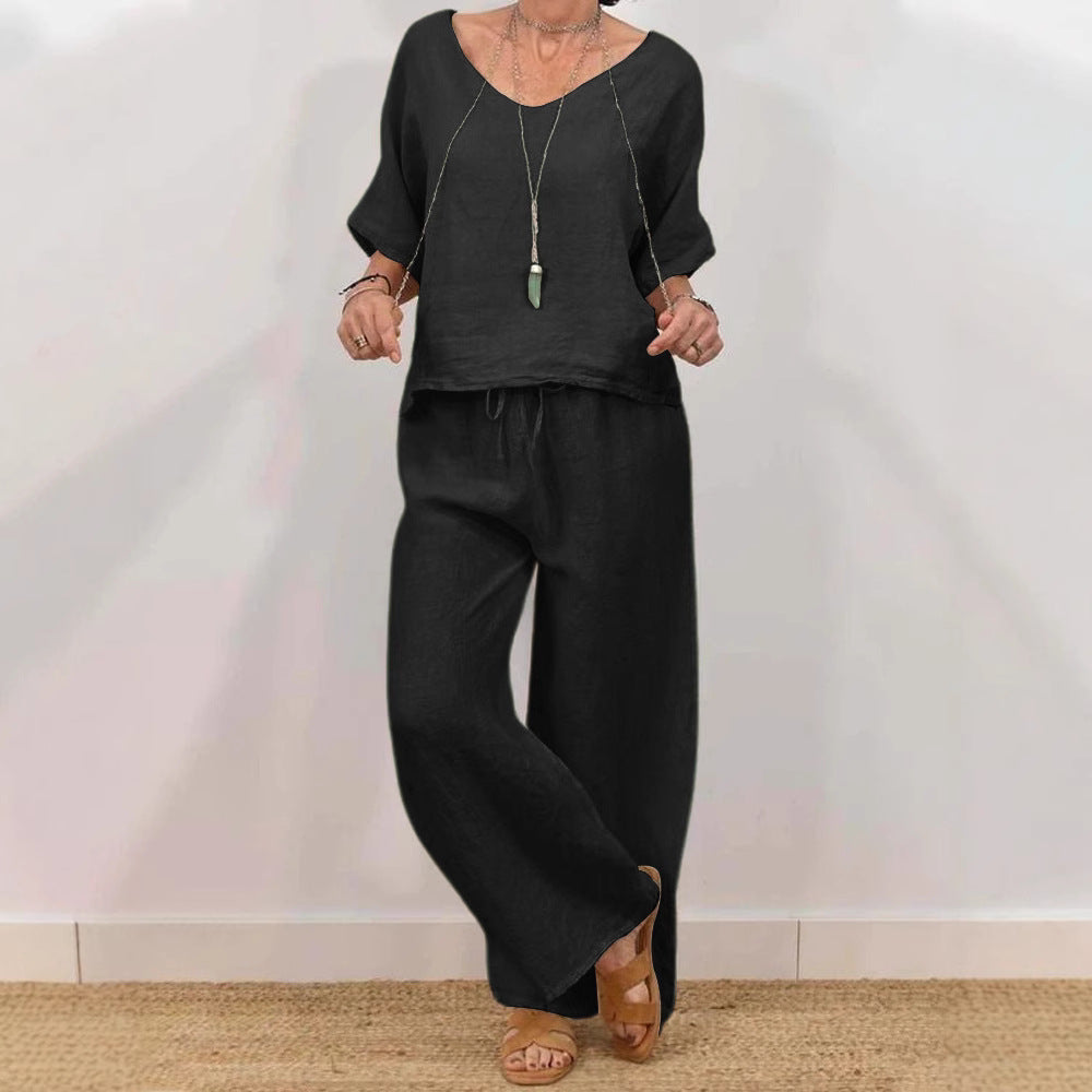 CJ  Womens Multi-Color Two-Piece Set Casual V-Neck Pullover With Three-Quarter Sleeves And Extended Pants