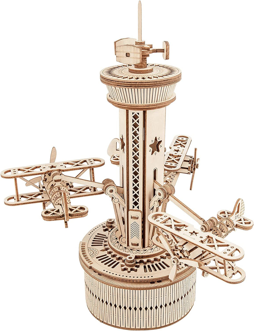 CJ Robotime Rokr 3D Wooden Puzzles For Adults DIY Musical Box Model Kit To Build Self-Assembly Building Kit Airplane- Control Tower