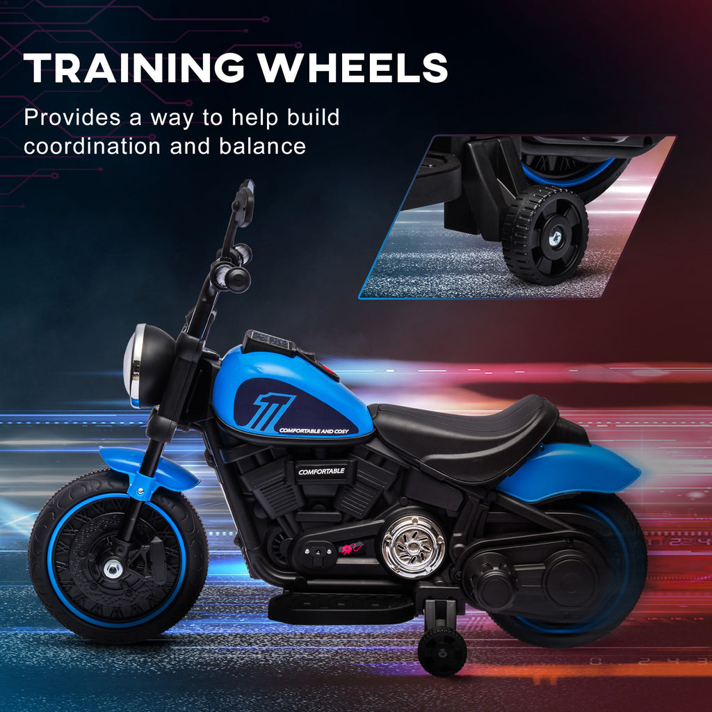 CJ 6V Kids Motorcycle w/ Training Wheels, Single-Button Start, Blue