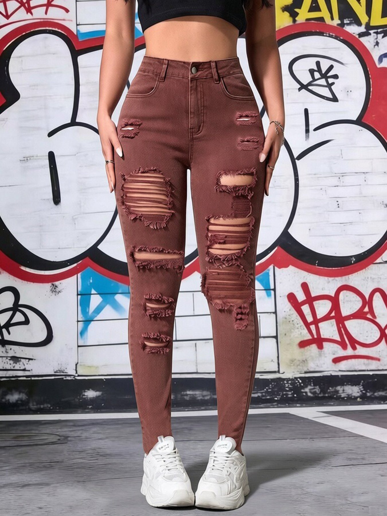Women's High Waist Brown Ripped Skinny Jeans, Stretchy Distressed Denim Pants