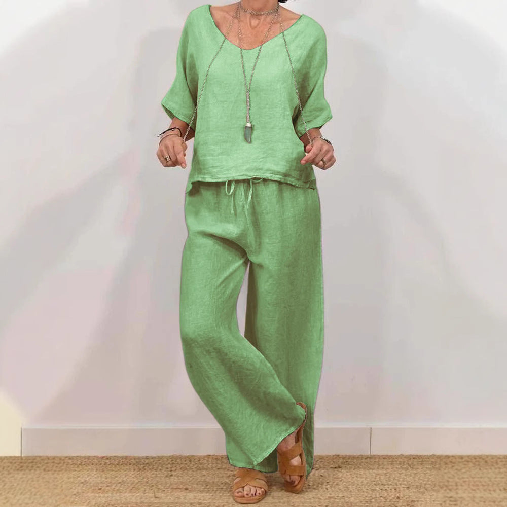 CJ  Womens Multi-Color Two-Piece Set Casual V-Neck Pullover With Three-Quarter Sleeves And Extended Pants