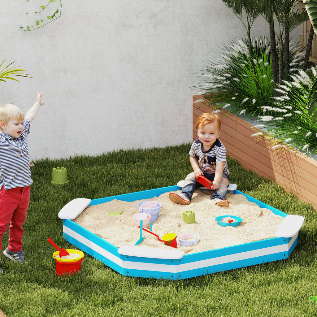 Kids Sandbox with 4 Corner Seats, Bottom Liner for Backyard, Garden, Outdoor, 52" x 52" x 6", Blue