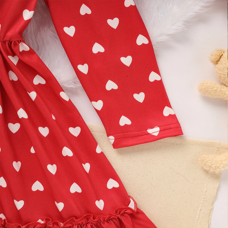 CJ Toddler Girl's Cute 'LOVE' Embroidered Dress, Heart Print Long Sleeve A-Line Dress With Ruffle Hem