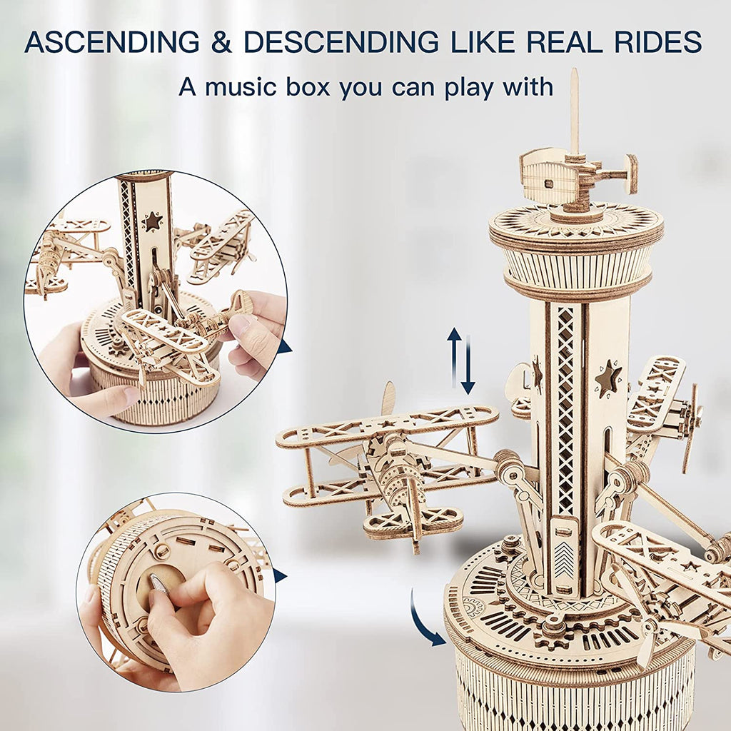 CJ Robotime Rokr 3D Wooden Puzzles For Adults DIY Musical Box Model Kit To Build Self-Assembly Building Kit Airplane- Control Tower