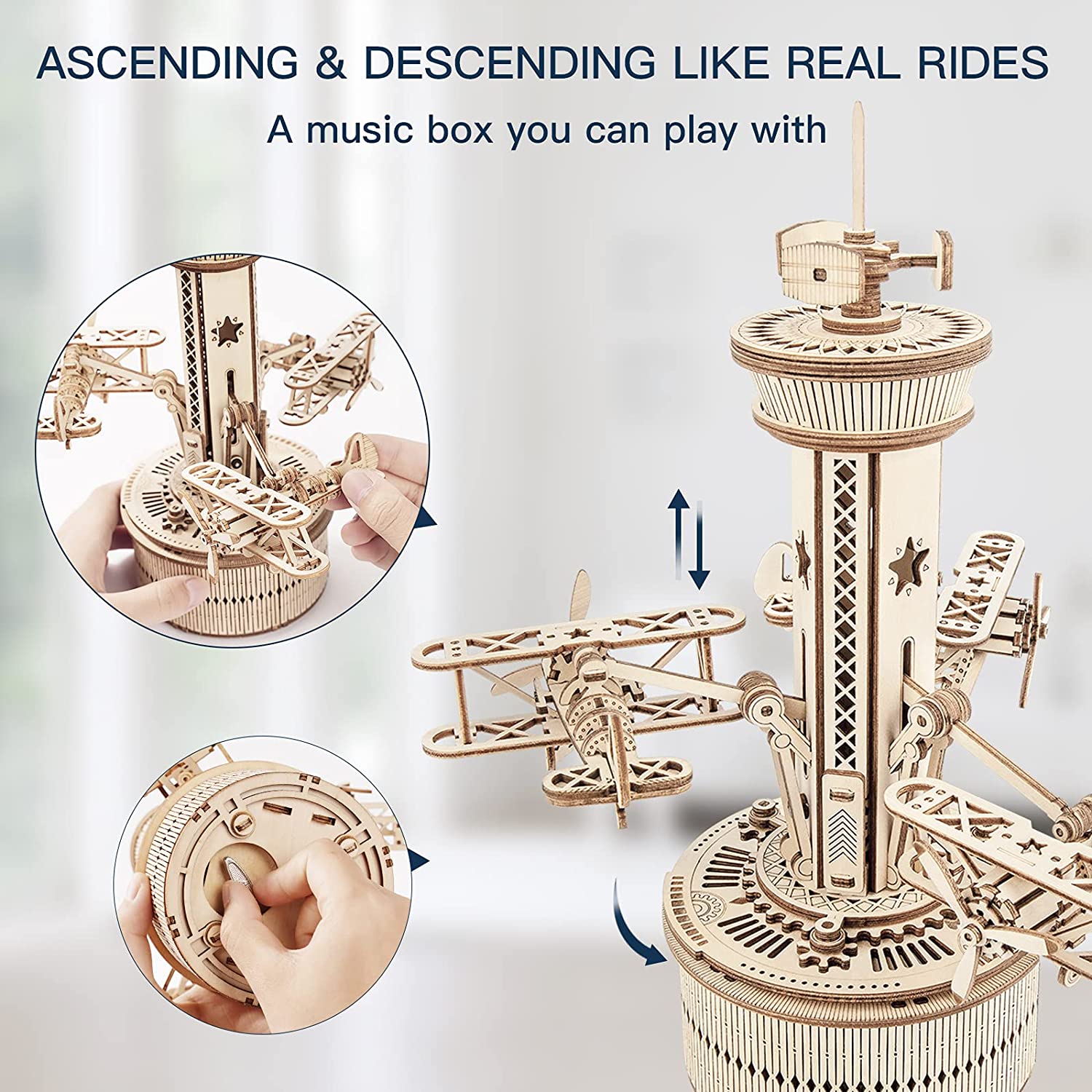 CJ Robotime Rokr 3D Wooden Puzzles For Adults DIY Musical Box Model Kit To Build Self-Assembly Building Kit Airplane- Control Tower
