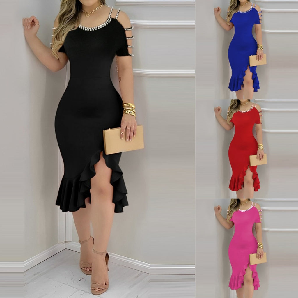 CJ  Womens Ruffled-Edge Slit Dress With Pearl Embellishments