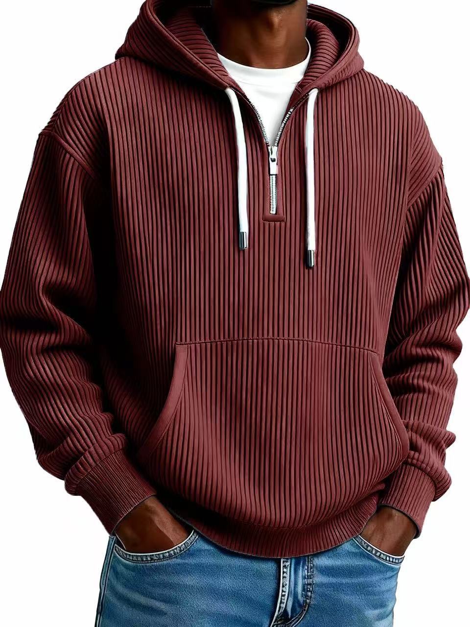 CJ Men's Solid-Colored Corduroy Long-Sleeve Hoodie For Sports And Casual Wear