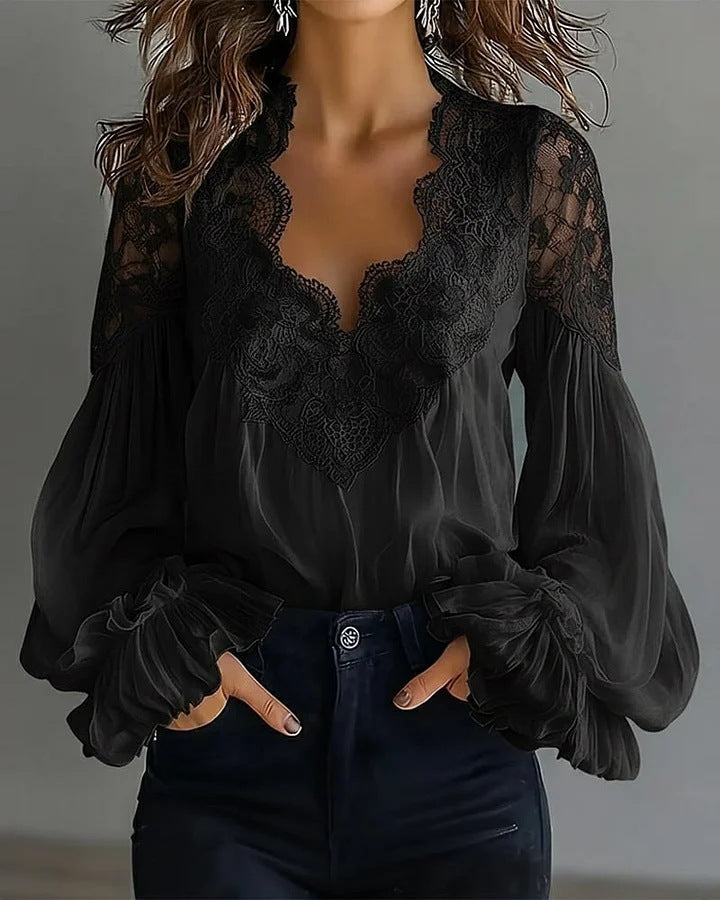 CJ Ins Puff-sleeved Blouse Fashion Elegant Ruffle Pleated Long-sleeved Top Womens Clothing