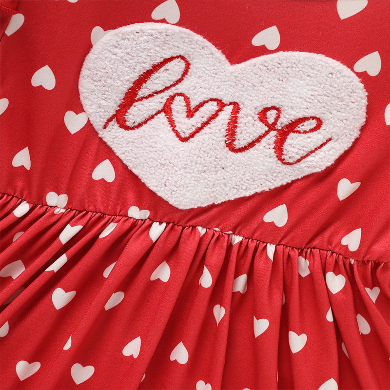 CJ Toddler Girl's Cute 'LOVE' Embroidered Dress, Heart Print Long Sleeve A-Line Dress With Ruffle Hem