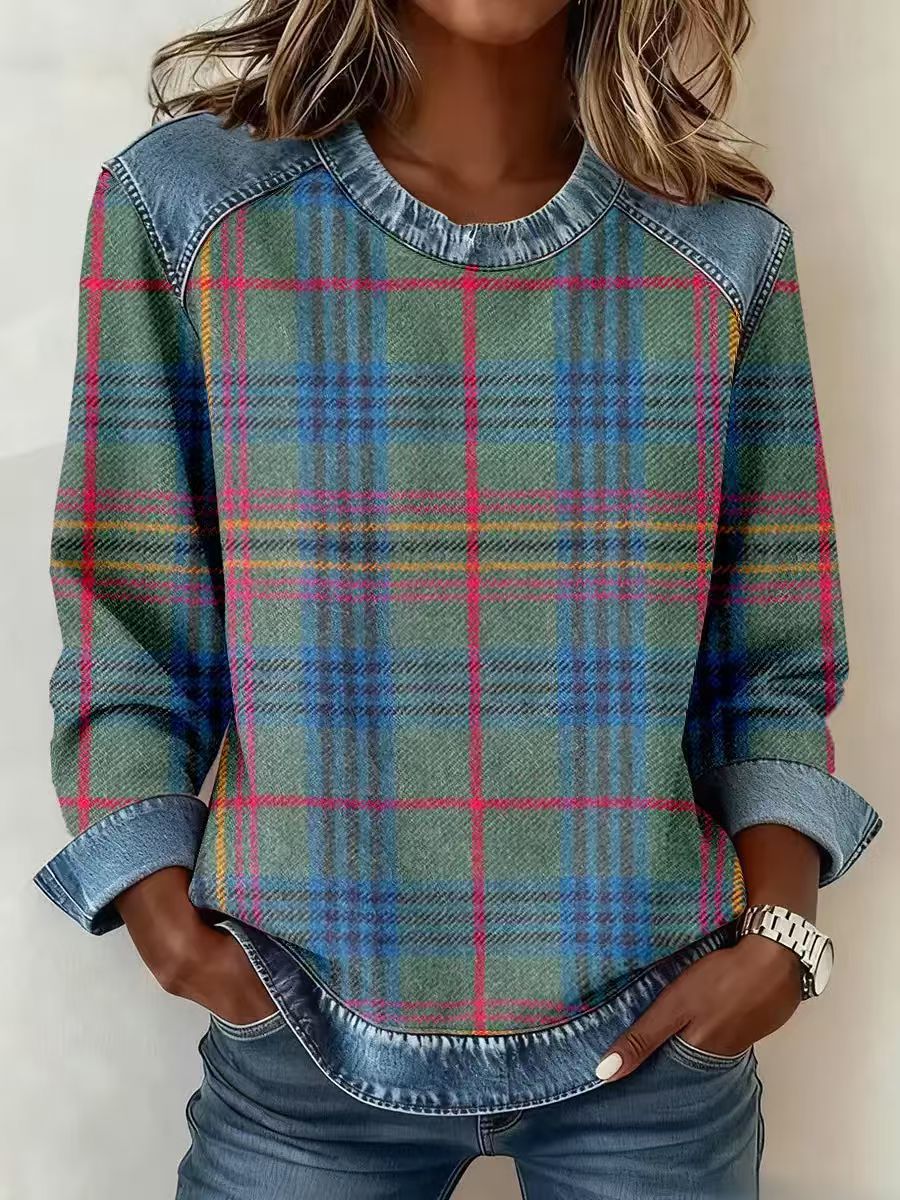 CJ Denim Patchwork Sweatshirt Fashion Unique Crewneck Pullover Long-sleeved Shirt Top Women's Clothing
