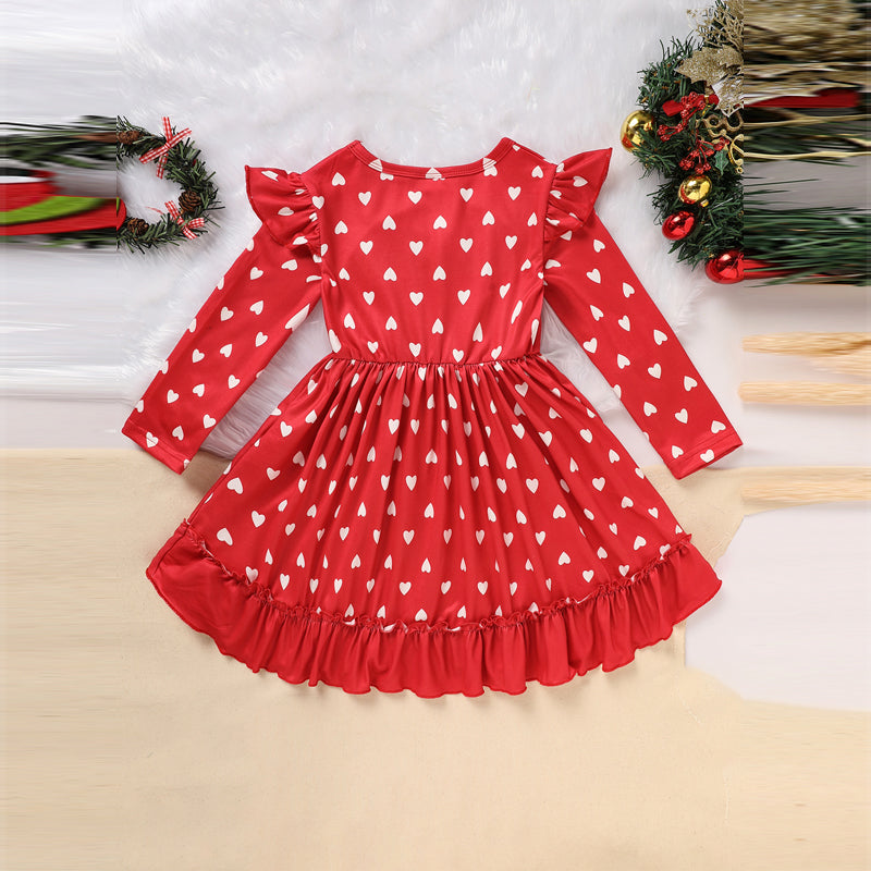 CJ Toddler Girl's Cute 'LOVE' Embroidered Dress, Heart Print Long Sleeve A-Line Dress With Ruffle Hem