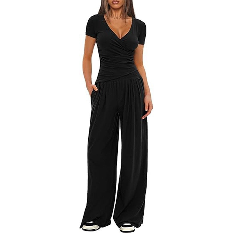 CJ 2 Pieces Women's V Neck Short-sleeve Sportswear Top And Wide-leg Pants Set Casual Comfortable Outfit Set For Daily Wear Gym Sports Outfit