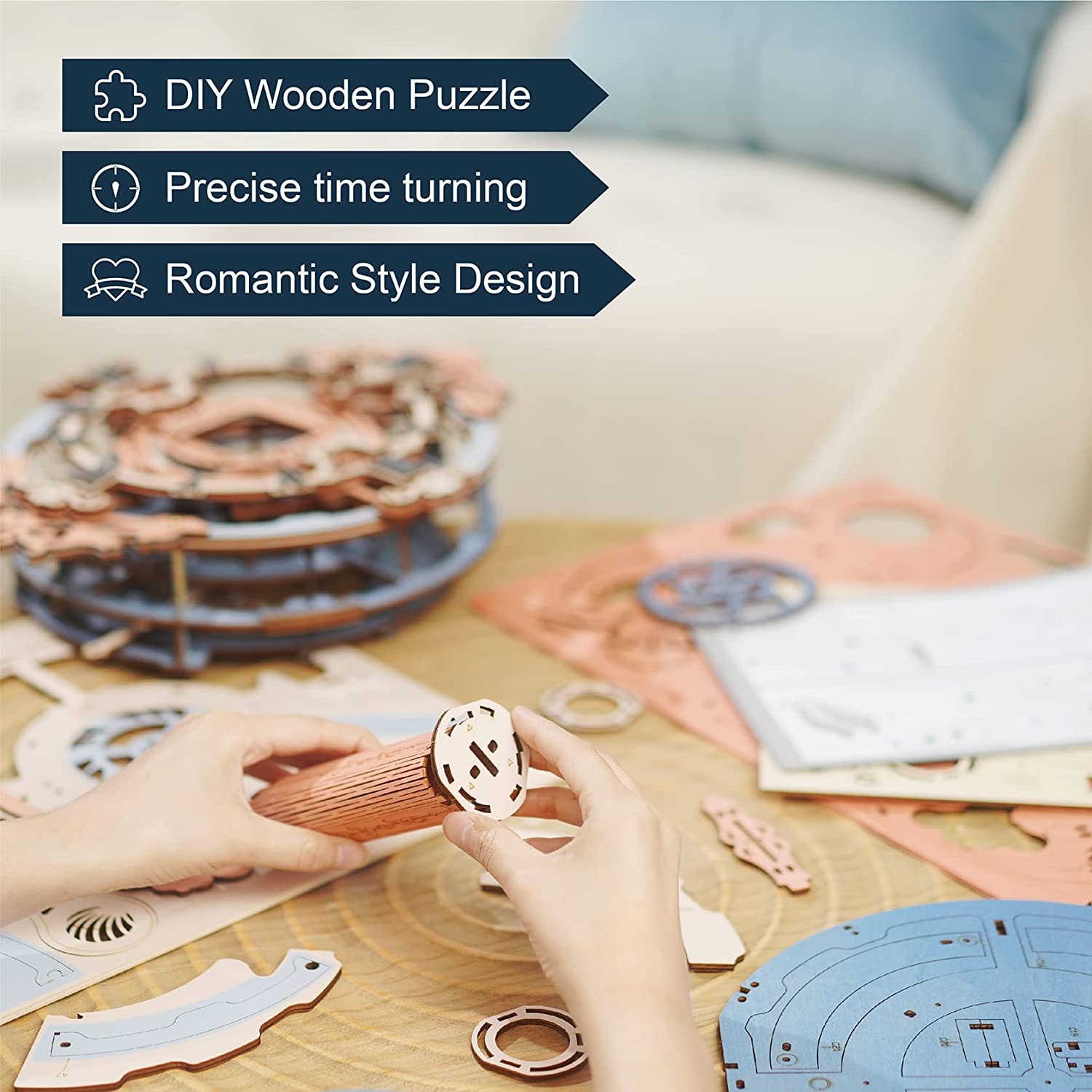 CJ Robotime ROKR 3D Wooden Puzzle Time Art Romantic Notes Wall Clock Model Toys For Children Kids - LC701