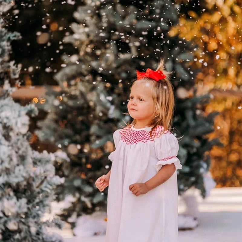 Infant Baby Girl Valentines Day Dress Lace Short Sleeve Round Neck White With Red Embroidery Party Dress