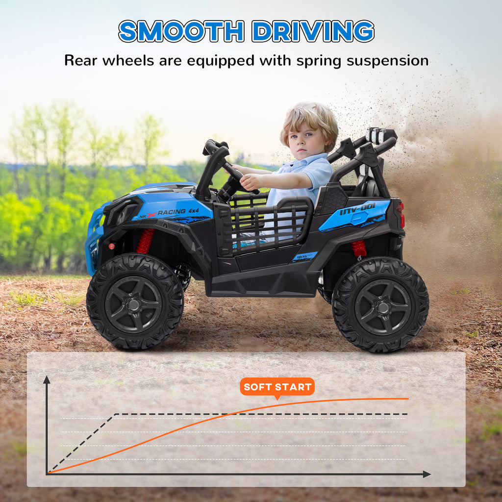 2 Seater 24V Kids Electric Car w/ Remote Control, 3 Speed, LED Lights, Music, Horn, Spring Suspension, Slow Start, Blue