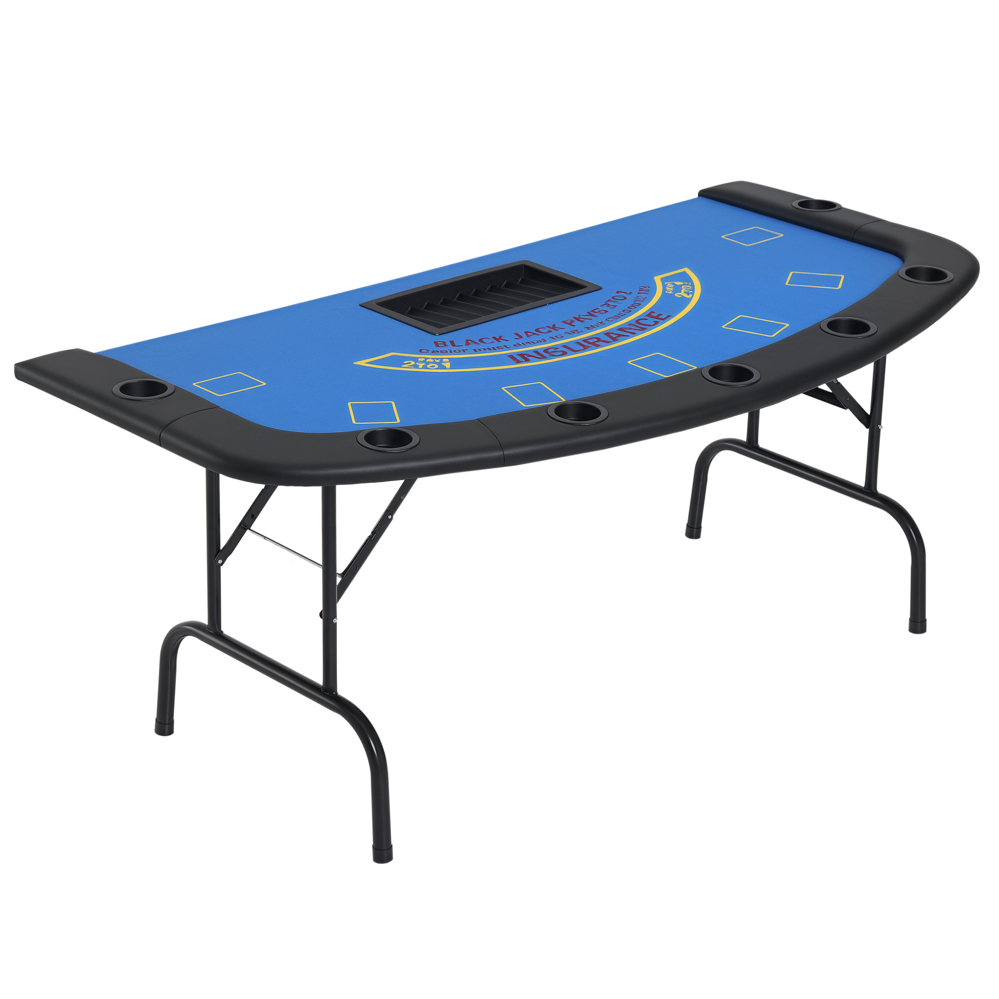 CJ Poker Table Foldable, 72" Blackjack Table for 7 Players with Chip & Cup Holder, Blue Felt