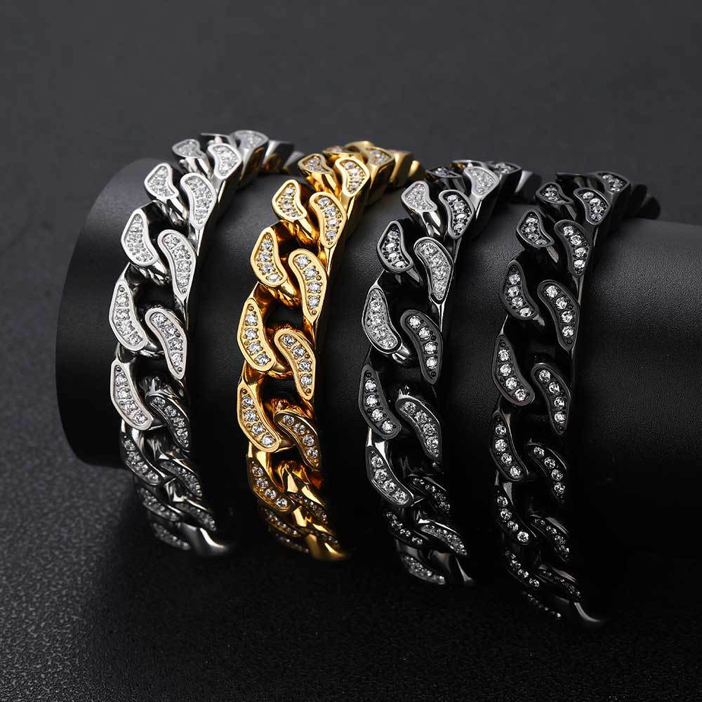 CJ Full-Zircon Cuban Chain Titanium Steel Mens Bracelet