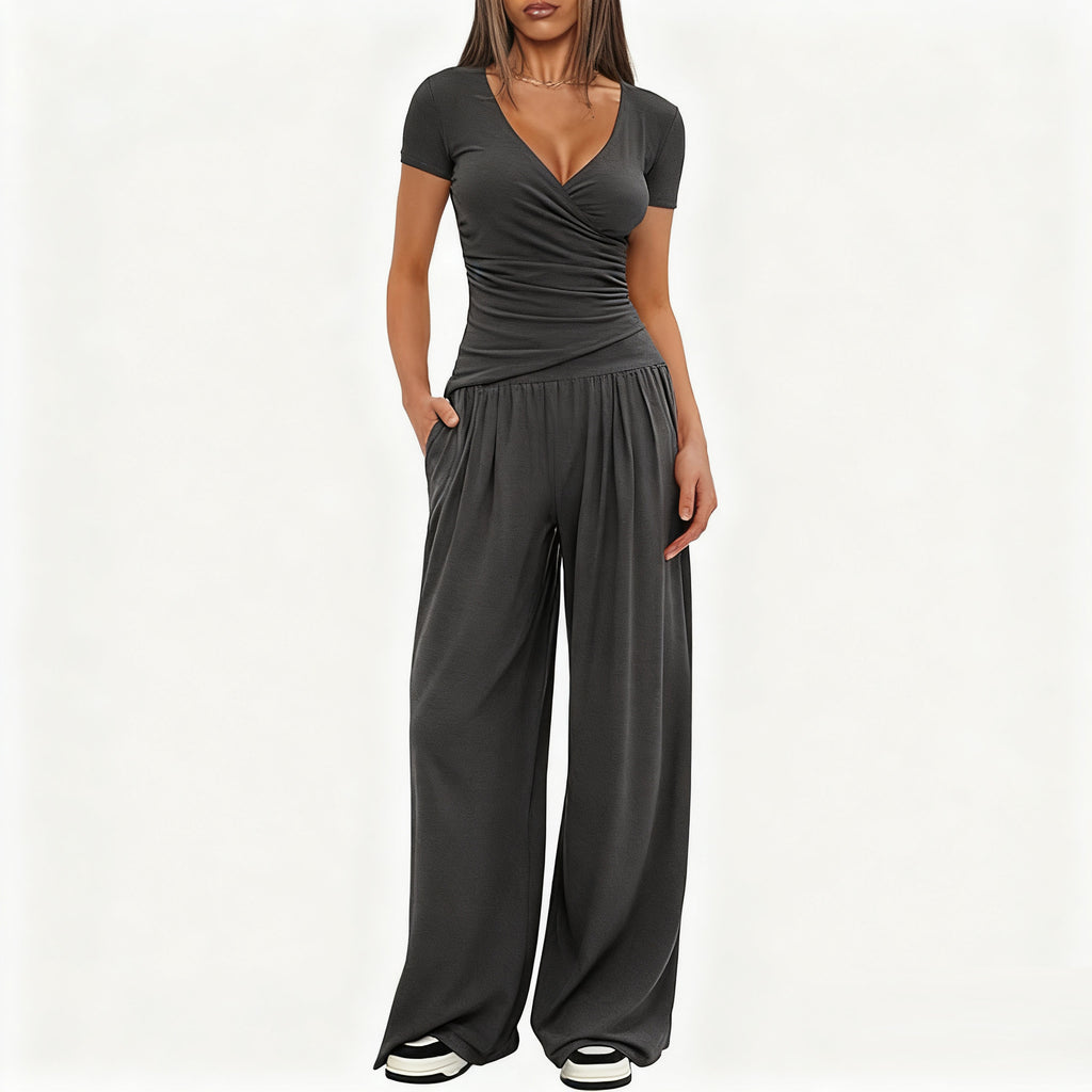 CJ 2 Pieces Women's V Neck Short-sleeve Sportswear Top And Wide-leg Pants Set Casual Comfortable Outfit Set For Daily Wear Gym Sports Outfit