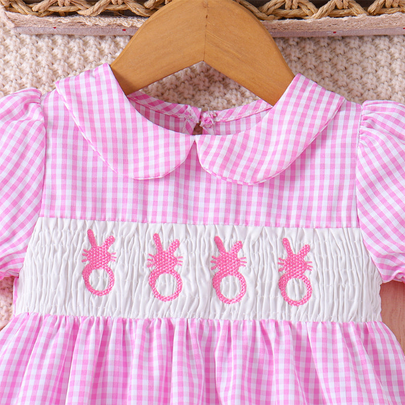 CJ Toddler Girl's Lapel Bubble Sleeve Dress, Checkered Pattern & Bunny Embroidery A-Line Summer Dress