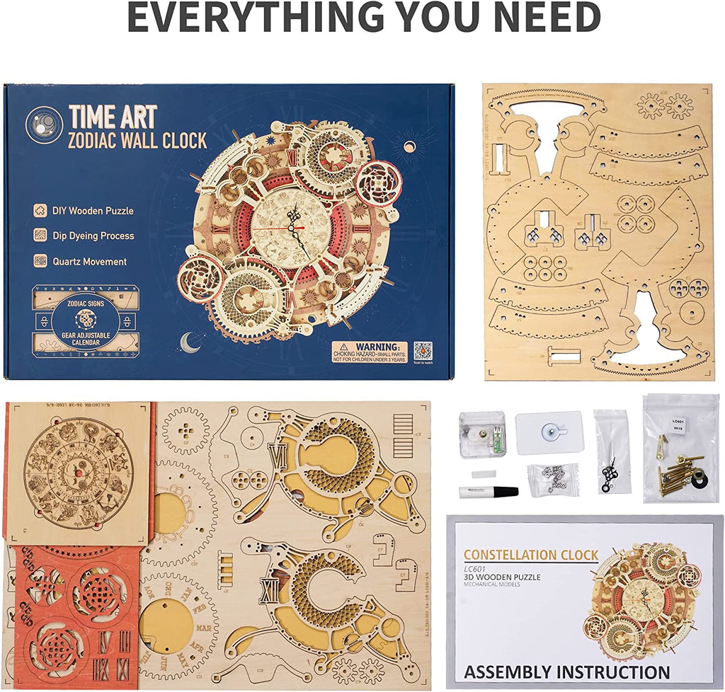 CJ Robotime ROKR Time Art Zodiac Wall Clock 3D Wooden Puzzle Games Model Building Kits Toys For Children Kids