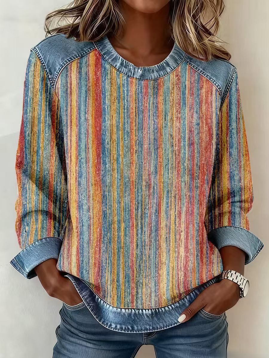 CJ Denim Patchwork Sweatshirt Fashion Unique Crewneck Pullover Long-sleeved Shirt Top Women's Clothing