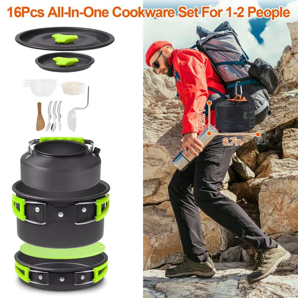 CJ Set Of 16Pcs Camping Cooking Ware Camping Stove Cookware Kit Aluminum Kettle With Bowls Knife Fork Spoon Carabiner Spatula Cutting Board For Hiking Picnic Outdoor