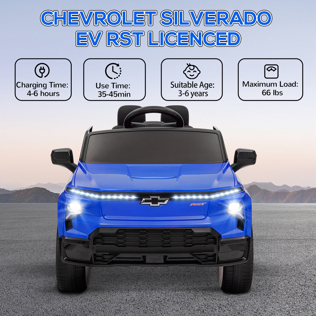 CJ 12V Chevrolet Silverado EV RST Licensed Kids Electric Car with Parent Remote Control, Spring Suspension, Blue