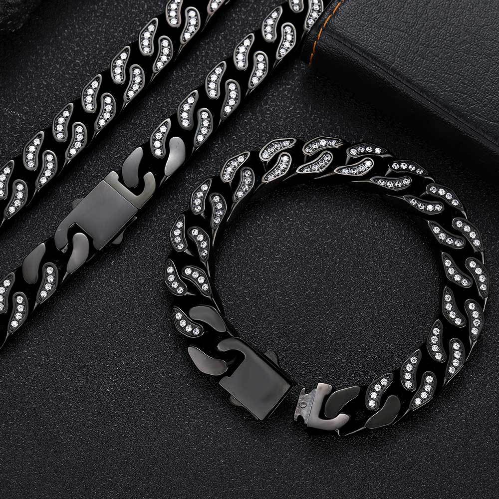 CJ Full-Zircon Cuban Chain Titanium Steel Mens Bracelet