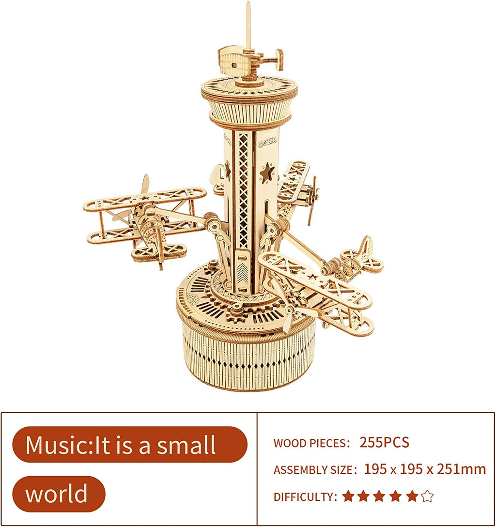 CJ Robotime Rokr 3D Wooden Puzzles For Adults DIY Musical Box Model Kit To Build Self-Assembly Building Kit Airplane- Control Tower