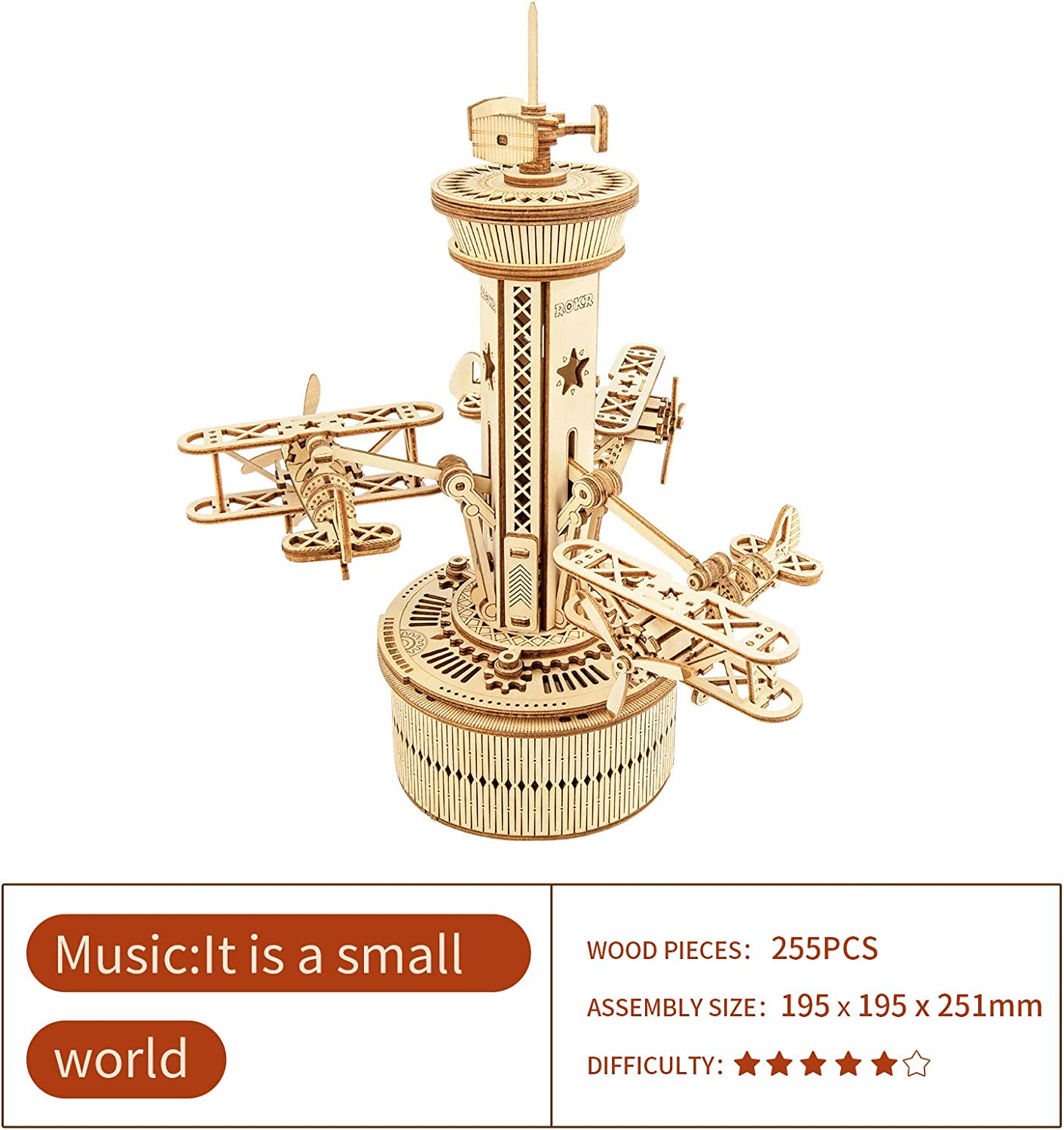 CJ Robotime Rokr 3D Wooden Puzzles For Adults DIY Musical Box Model Kit To Build Self-Assembly Building Kit Airplane- Control Tower
