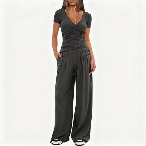 CJ 2 Pieces Women's V Neck Short-sleeve Sportswear Top And Wide-leg Pants Set Casual Comfortable Outfit Set For Daily Wear Gym Sports Outfit