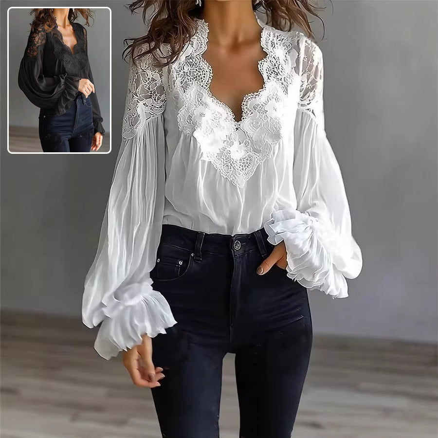 CJ Ins Puff-sleeved Blouse Fashion Elegant Ruffle Pleated Long-sleeved Top Womens Clothing