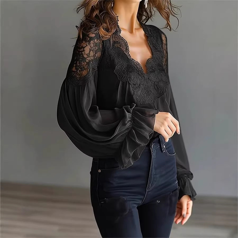 CJ Ins Puff-sleeved Blouse Fashion Elegant Ruffle Pleated Long-sleeved Top Womens Clothing