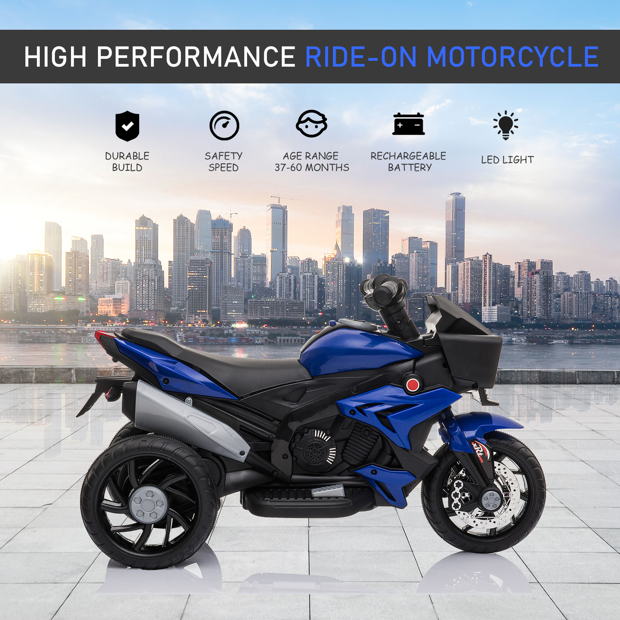 CJ Electric Motorbike For Kids 6V Ride-On Motorcycle Toy With Music Horn Headlights Blue